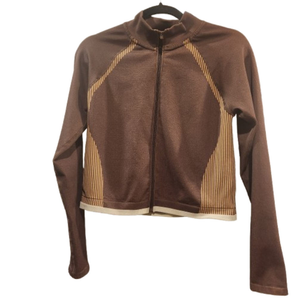 Fabletics Tan and Brown Athletic Jacket with Contrasting Panels NWOT